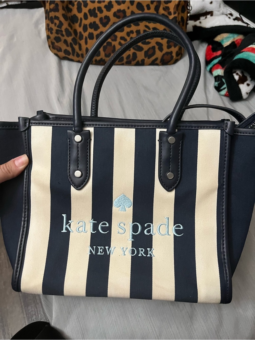kate spade Navy and Cream Striped Canvas Mini Tote with Light Blue Logo